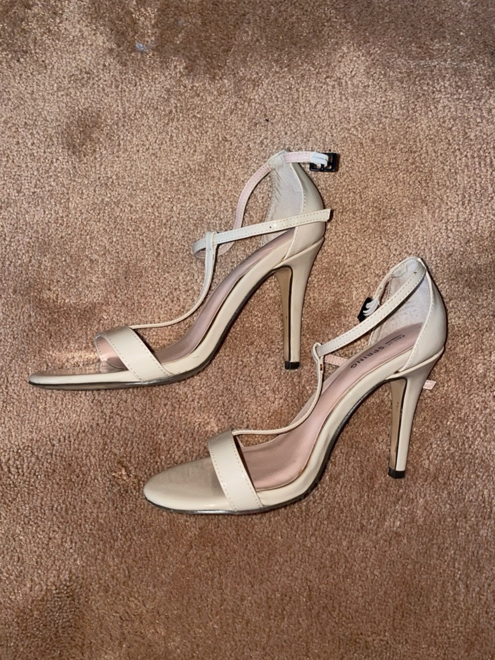 Beige / Cream Faux Patent Leather Sandal Heels
